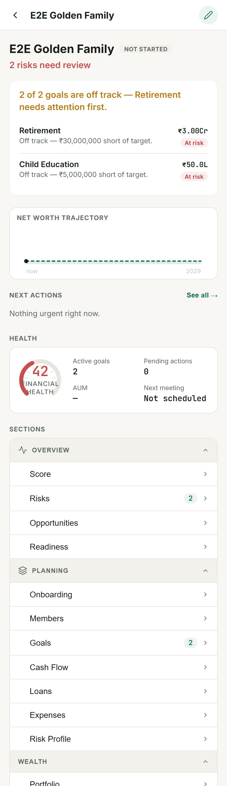 Fleek advisor cockpit view for a household, showing risk summary, net worth trajectory, and a health dial