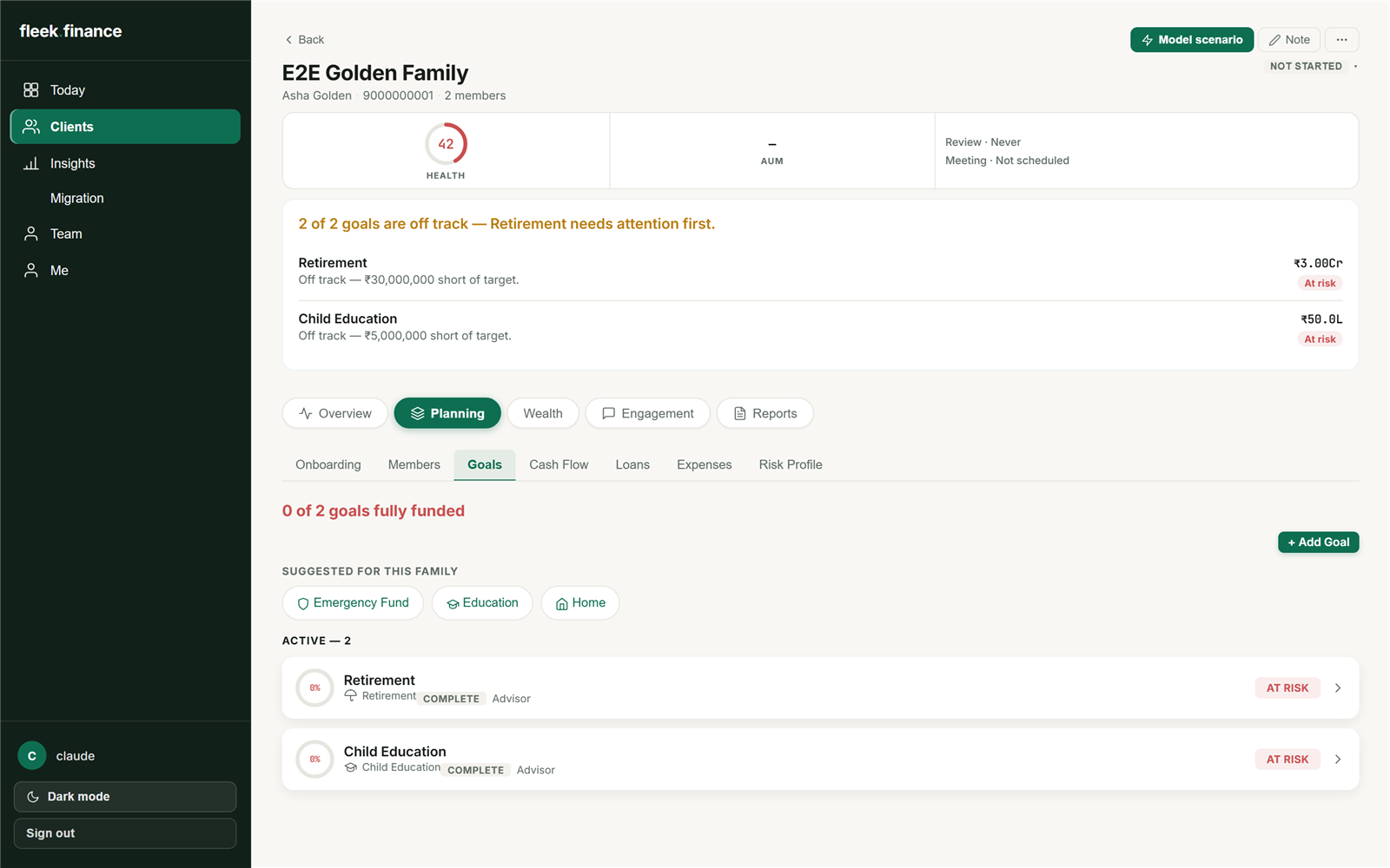 Fleek advisor workspace showing the Goals tab for a household, with funded % rings and at-risk status badges on two goals