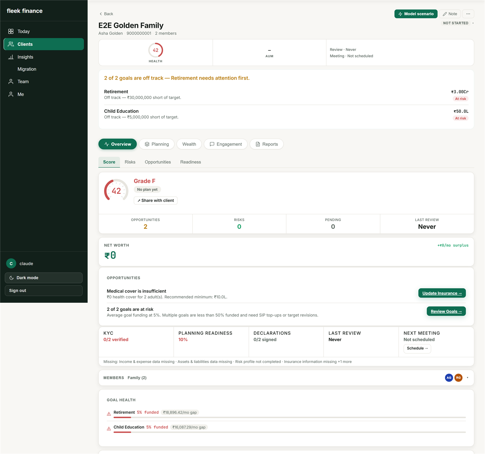 Fleek advisor Financial Health score screen with a score breakdown and opportunities list