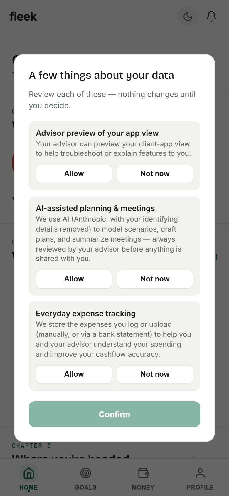 Fleek consent screen asking the client to allow or decline three specific data-use purposes, with a note that nothing changes until they decide