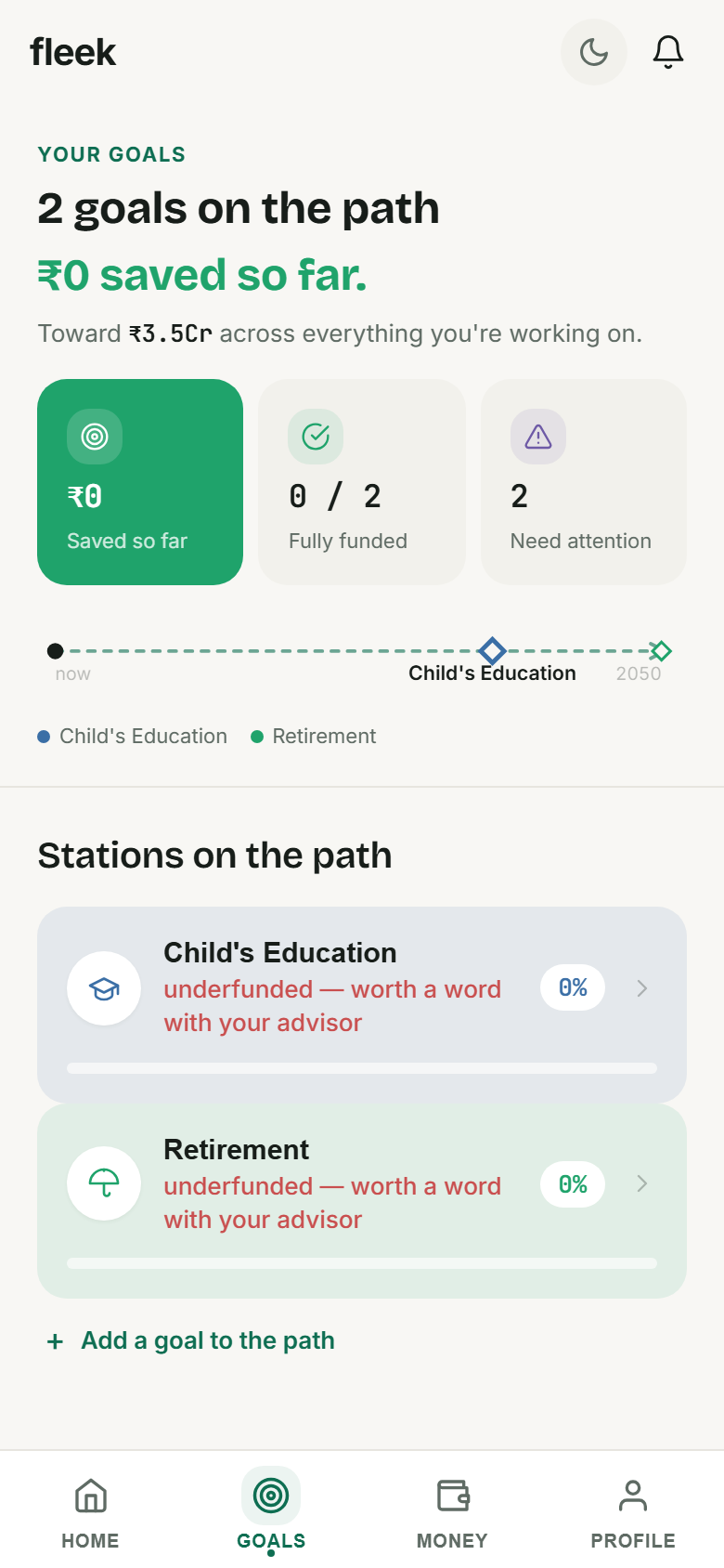 Fleek client app showing goals rendered as stations on a timeline path