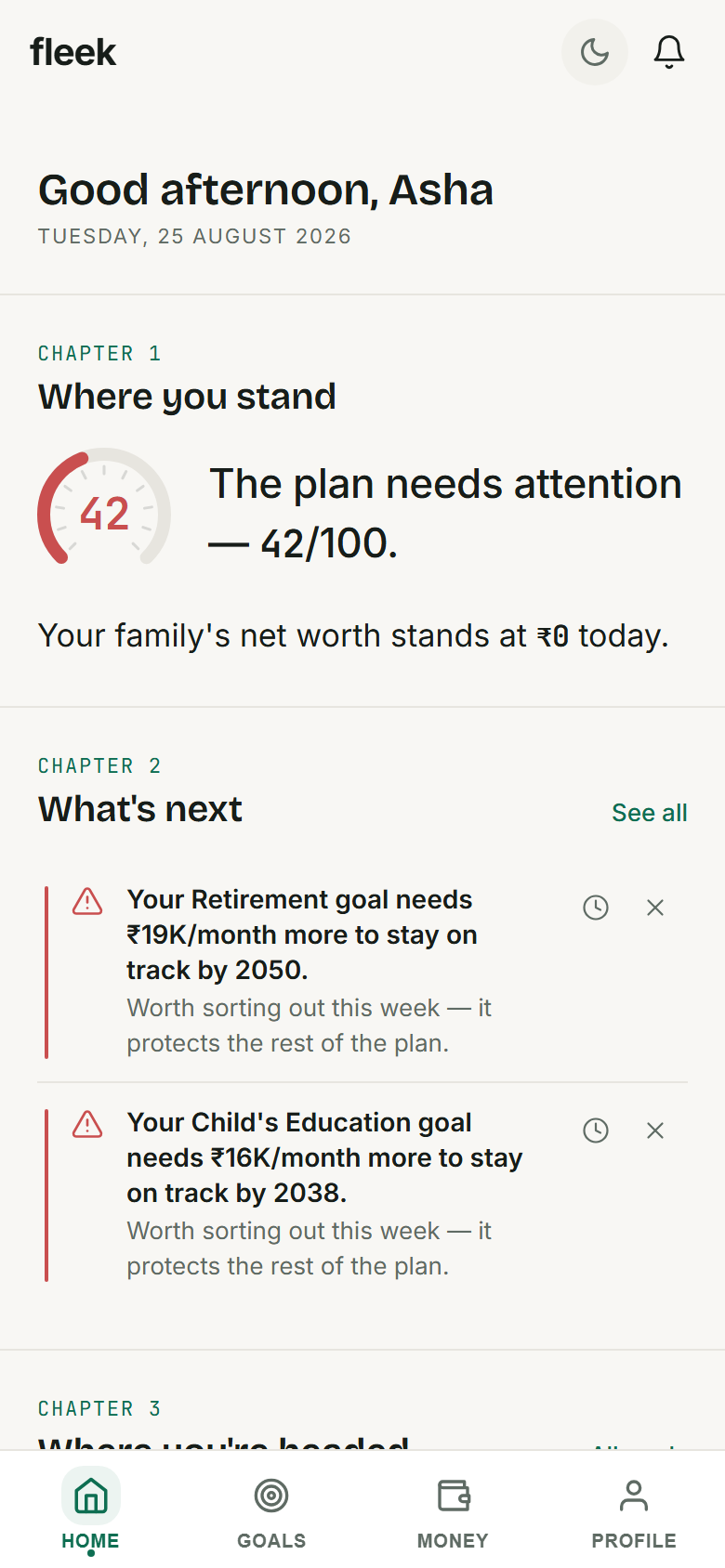 Fleek client app home screen, framed as a letter with chapters: where you stand, what's next