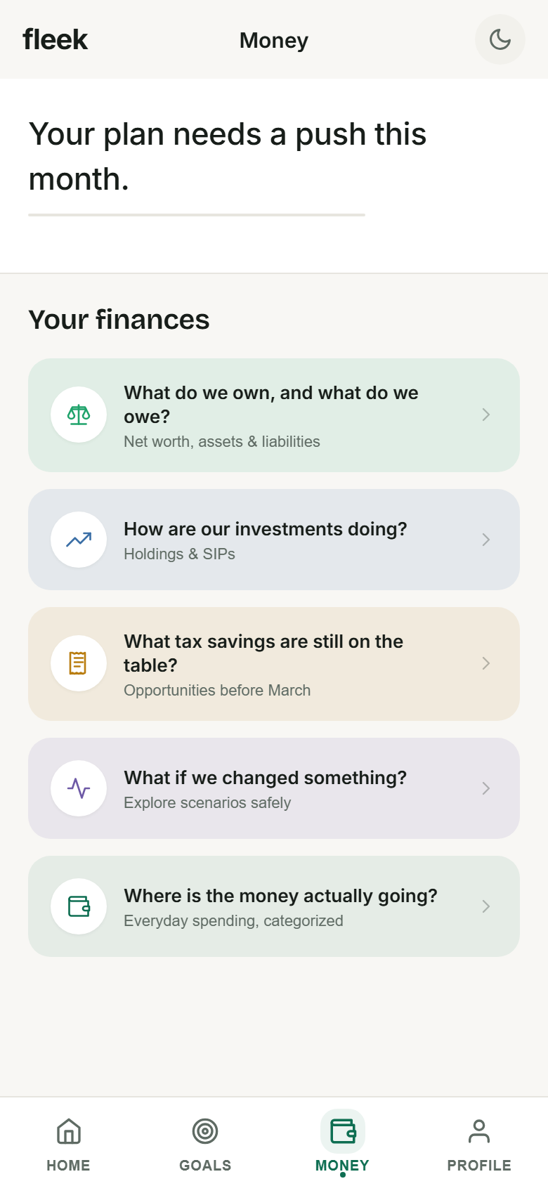 Fleek client Money hub screen with question-framed navigation