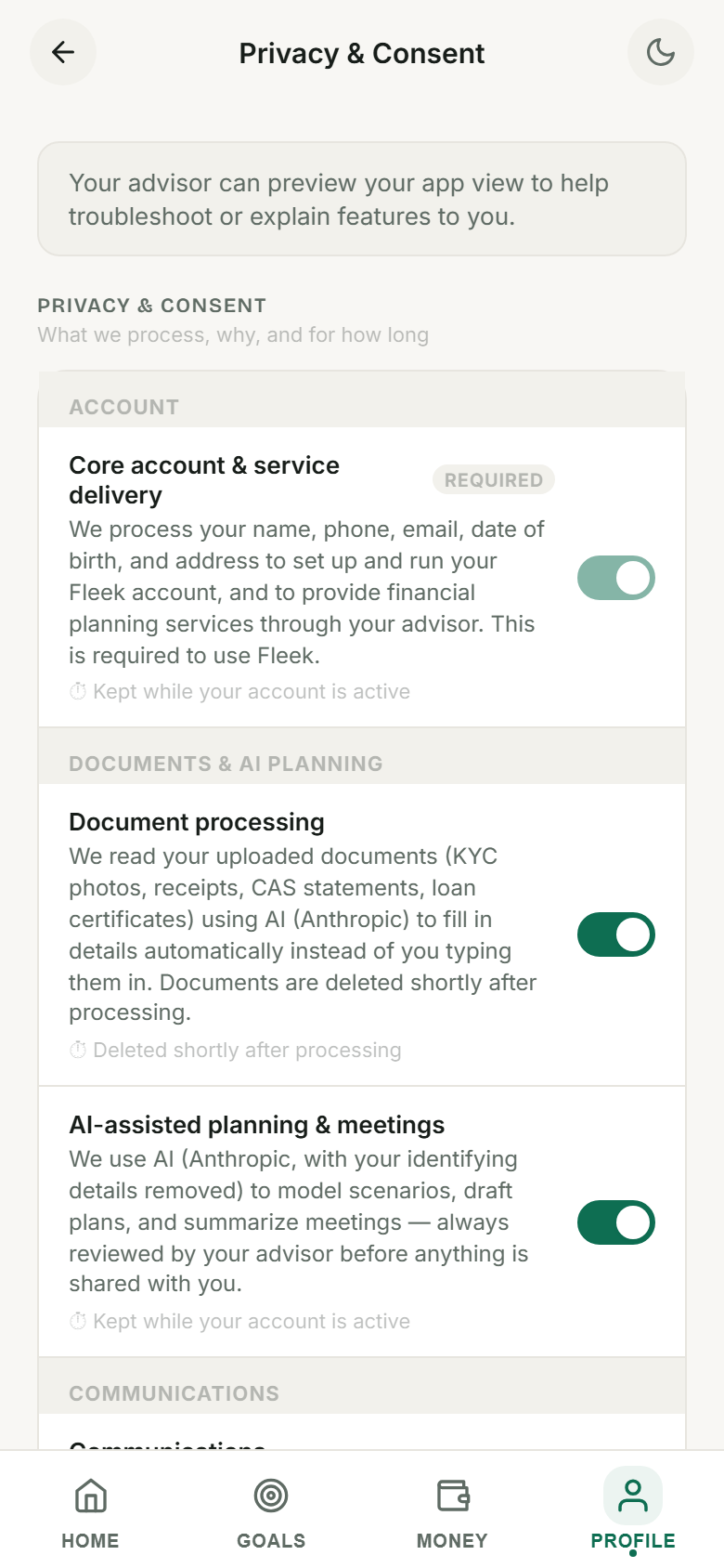 Fleek client Privacy and Consent settings screen with toggles per data-use purpose