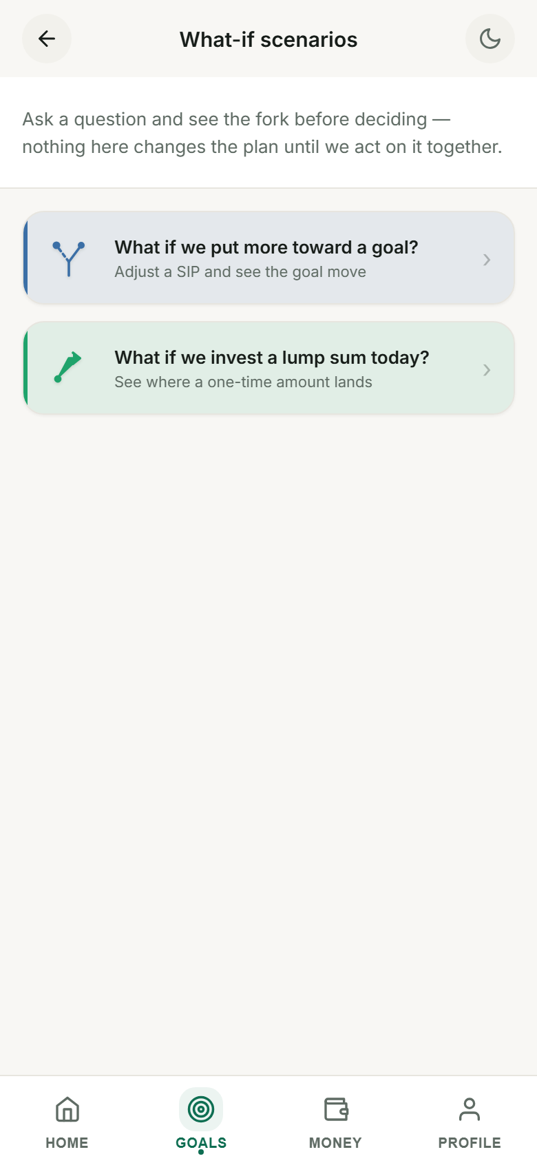 Fleek client app What-if scenarios screen, listing questions like 'What if we put more toward a goal?'